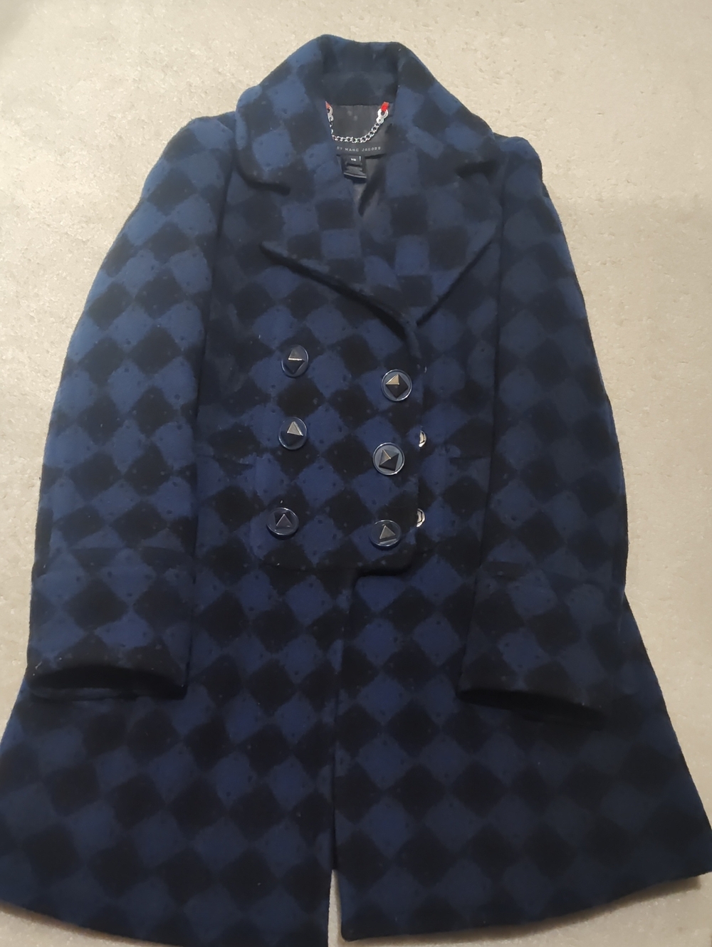 Marc Jacobs Blue and Black Checkered Double-Breasted Peacoat